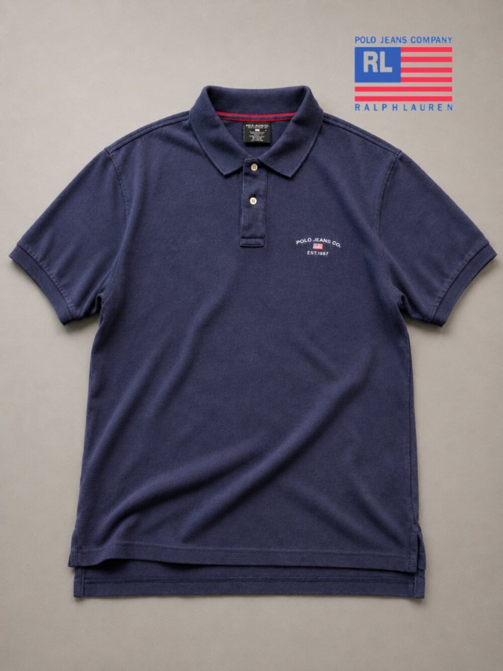 Polo Jeans Co. Ralph Lauren Polo Shirt Men's Large Navy Blue Est. 1967 Flag Logo
